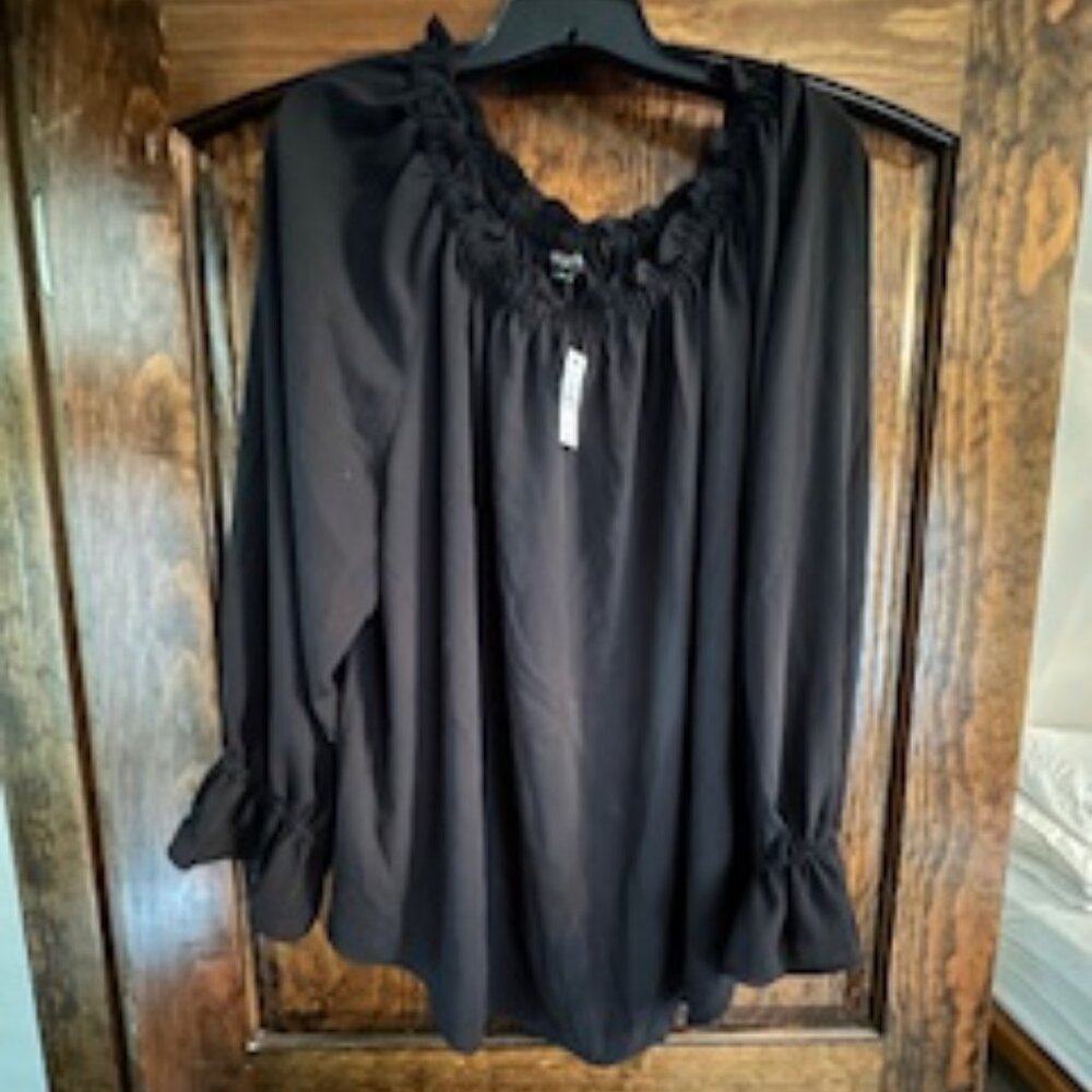 Talbots Plus | Women's Black Long Sleeve Bouse, Ruffle Detail (Size 2X)